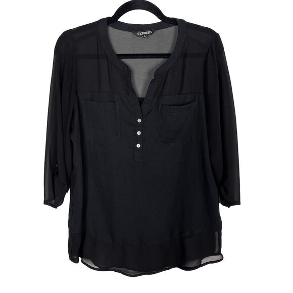 Express Womens M Black Sheer Pieced V Neck Blouse Top 3/4 Sleeve Lightweight - Picture 1 of 6